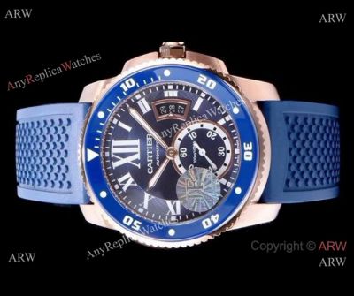 Swiss Replica Calibre De Cartier Diver Watch Rose Gold Blue Face 